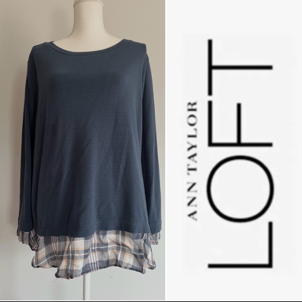 EUC Loft Plus faux layered solid/plaid top size 14
